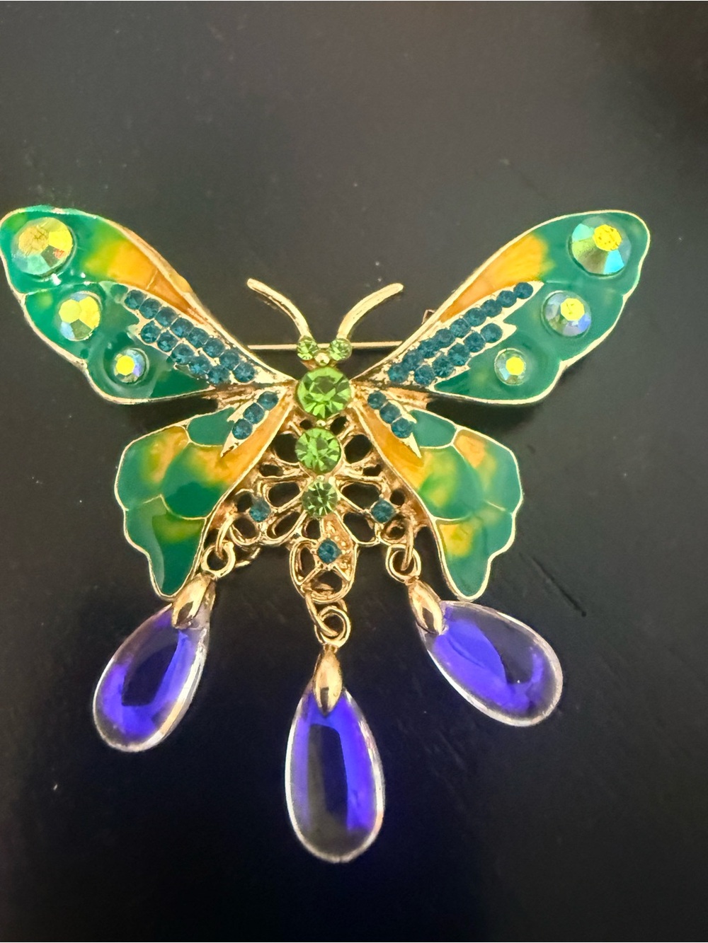 Aratta Green and Purple Enamel Butterfly Brooch with Gold Accents